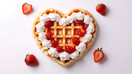 ? Heart-shaped waffle with whipped cream and strawberries for a Valentine?s Day breakfast isolated on white background in HD