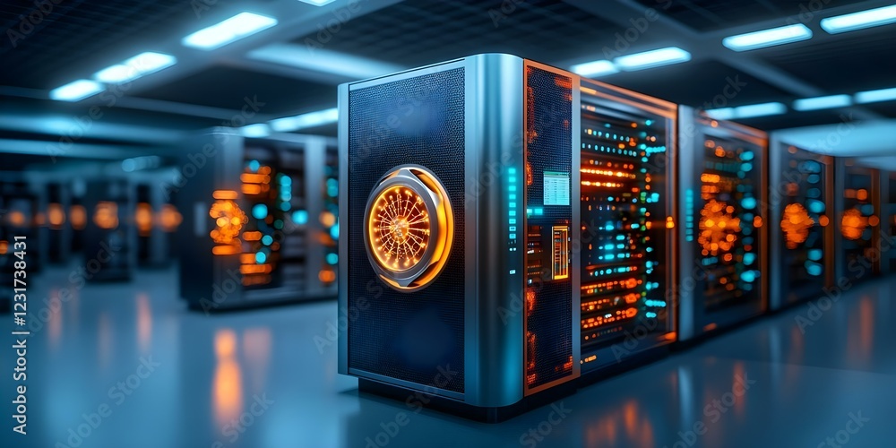 Poster a futuristic data center with glowing servers and intricate circuits, showcasing advanced technology