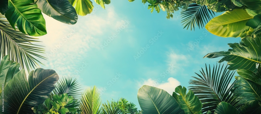 Poster lush green tropical leaves framing an empty light blue sky with soft clouds in center creating a ser
