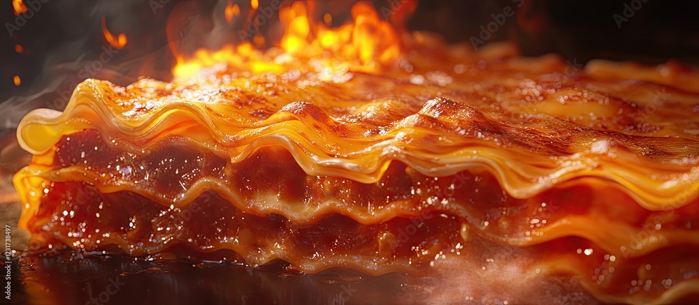 Poster homemade lasagna with vibrant golden layers topped with rich tomato sauce and bubbling cheese on a d