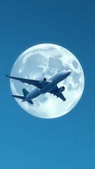 Fototapeta premium Passenger airplane flying in front of full moon: space travel concept