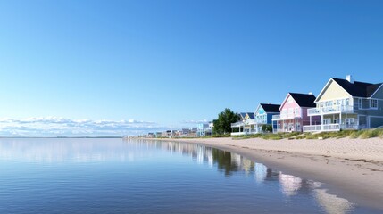Obraz premium Pastel Colored Beach Houses Reflecting in Calm Ocean Water
