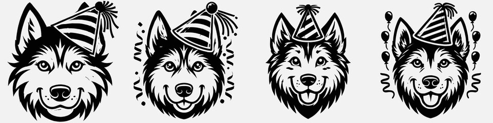 Obraz premium Four playful husky dog illustrations wearing party hats, exuding a cheerful and festive vibe.