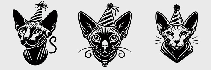 Three stylized cat heads wearing party hats, featuring intricate designs, exuding a playful and festive vibe.