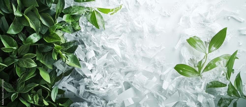 Aufkleber Fresh green leaves on the left side contrasting with ice cubes on the right side against a light background creating a refreshing vibe