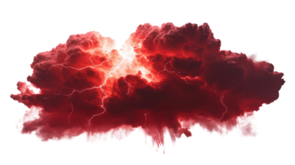Red lightning illuminating storm clouds on transparent background