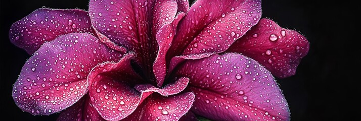 Close-up of a vibrant magenta azalea bloom with tiny dew droplets enhancing its velvety texture.