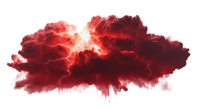 Red lightning illuminating storm clouds on transparent background