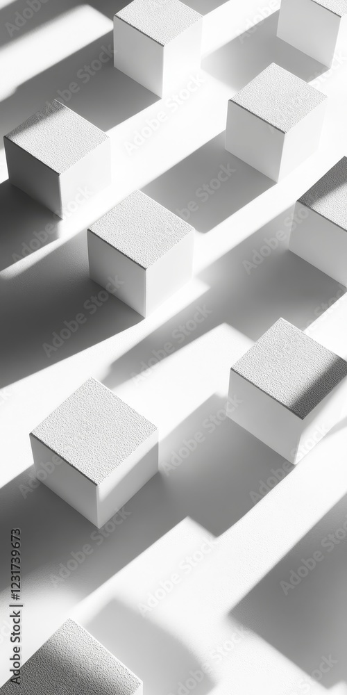 Poster an artistic composition featuring white cubes positioned on a surface, creating playful shadows. the