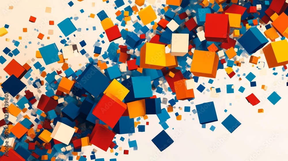 Poster a vivid abstract composition featuring an explosion of colorful cubes in red, blue, yellow, and oran