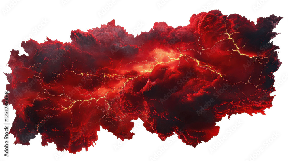 Poster dramatic red cloudscape with lightning strikes on transparent background