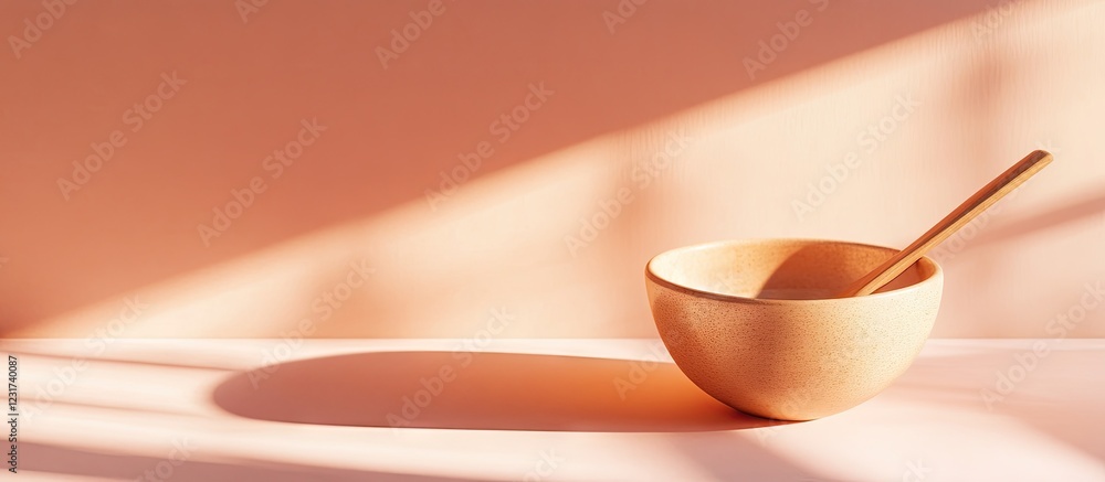 Poster matte ceramic bowl with wooden spoon isolated on soft pastel peach background with gentle shadows an