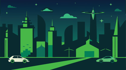 vector illustration of a smart city with autonomous vehicles, eco-friendly buildings, drones, and an Internet of Things (IoT) network, in a neon tech style.