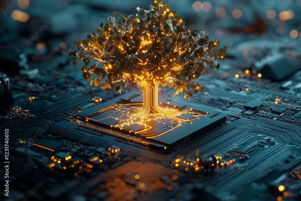 Poster a digital tree emerges from a circuit board, representing the fusion of technology and nature in a f
