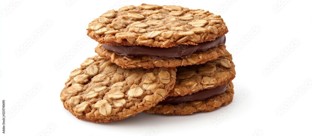 Poster delectable stack of oatmeal cookies with rich chocolate filling arranged on a clean white background
