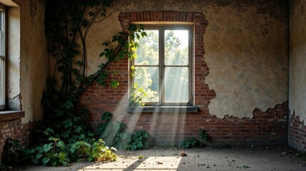 Sunbeams Illuminate a Derelict Room with Overgrown Plants and a Vintage Window