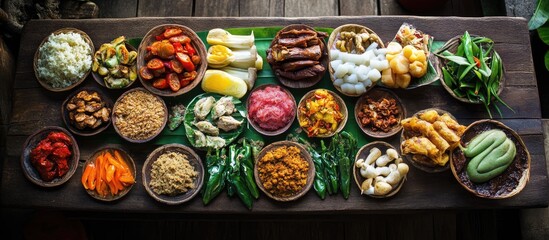 Fototapeta premium Vibrant traditional food spread across a rustic wooden surface with colorful dishes and textures creating a visually appealing culinary display