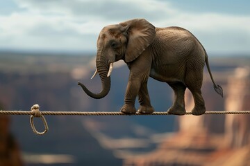 A young elephant balancing skillfully on a tightrope against a blurred canyon backdrop. Fearless Balance on the Tightrope