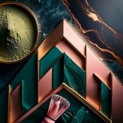 A high-end luxury matcha brand poster with a marble background and deep emerald green accents. The matcha tin, matte gold metal, is showcased in the center