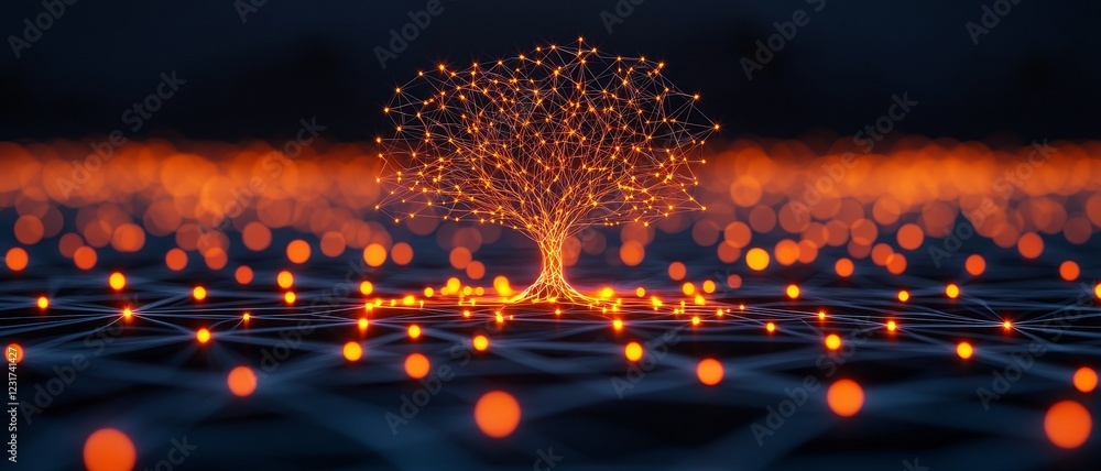 Poster strategy method optimization concept. a glowing tree surrounded by sparkles on a dark background.