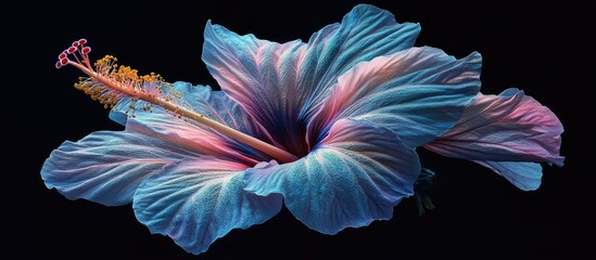 Vibrant hibiscus flower in shades of blue and pink on a black background, displaying intricate petal details and natural elegance in tropical beauty