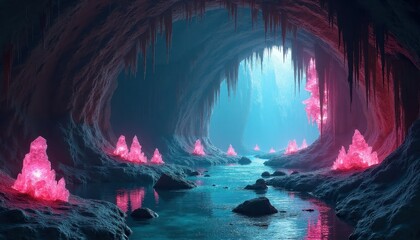 Fototapeta premium Enchanting Underground River Cave with Glowing Pink Crystals and Stalactites