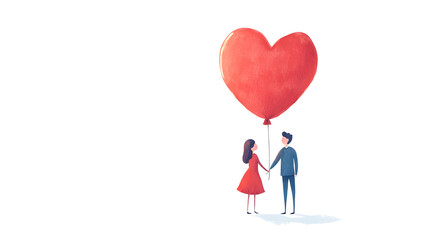 Cute Valentine's Day card with a cartoon couple holding hands under a heart-shaped balloon isolated on white background in HD