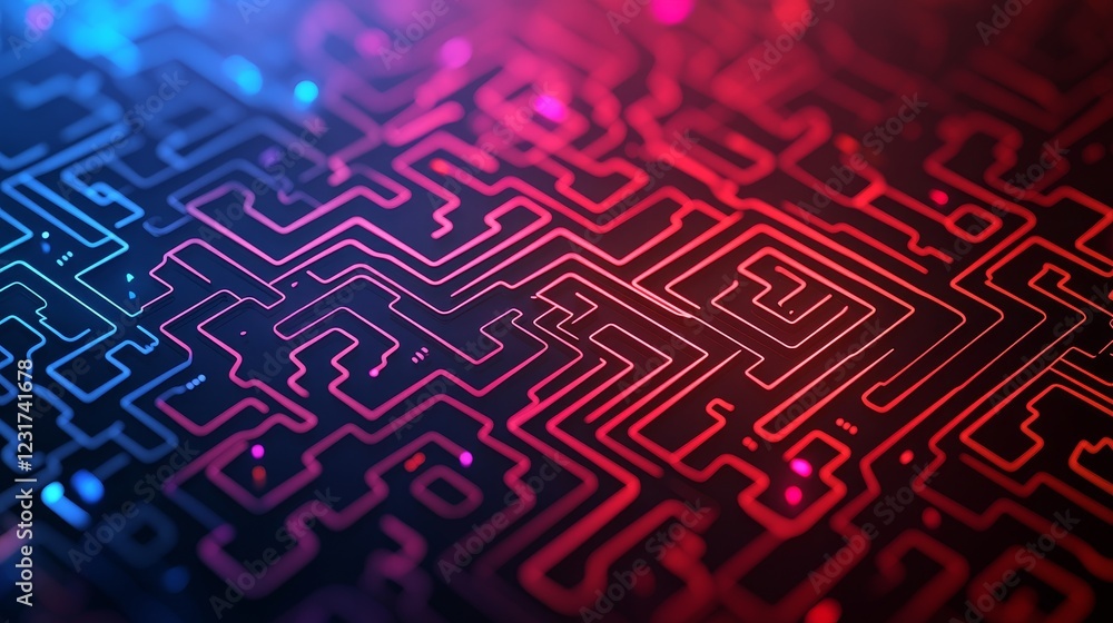 Poster strategy method optimization concept. abstract circuit pattern with glowing red and blue lines.