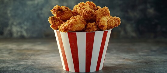 Crispy golden fried chicken in a red and white striped bucket centered on a textured dark background ideal for gatherings and home meals