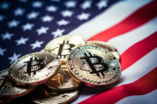 Golden bitcoin cryptocurrency coins lying on an american flag, representing the digital economy and cryptocurrency investment in the usa