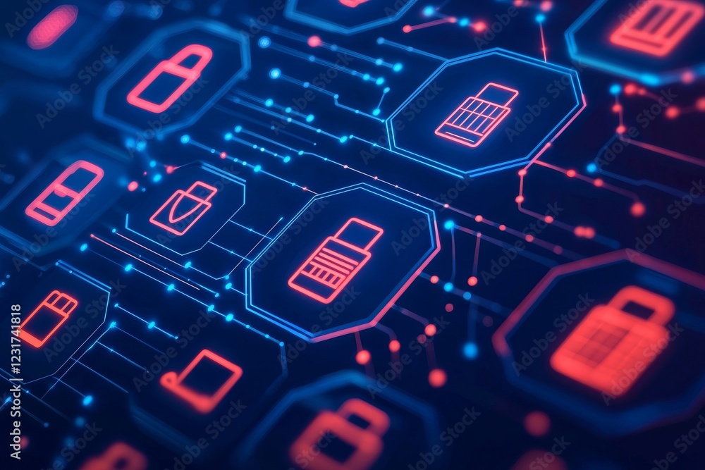 Poster future lifestyle virtual connected concept. abstract digital security network with locks and icons i