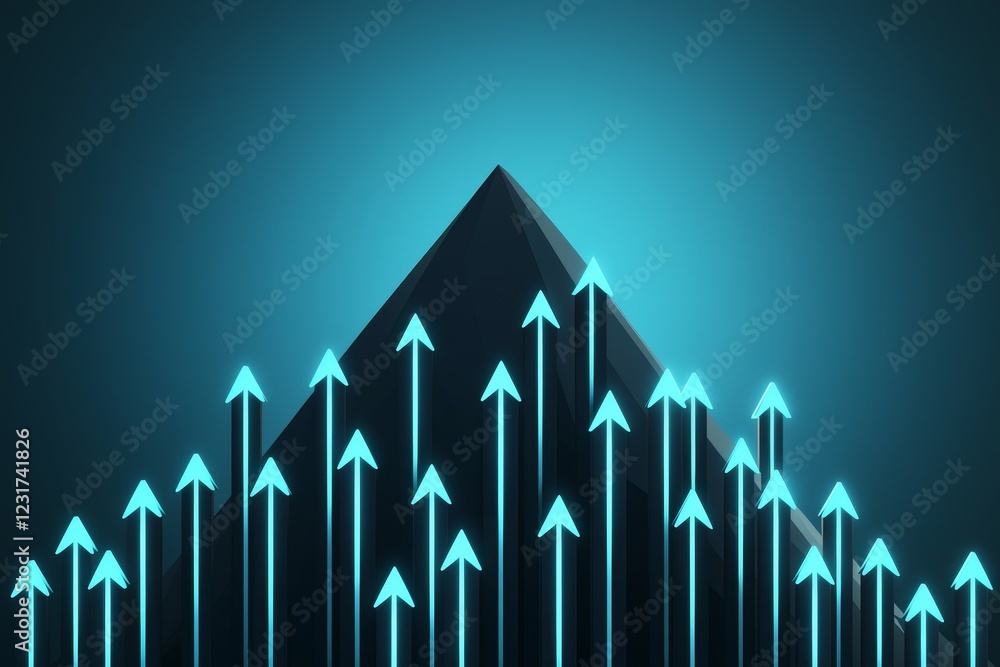 Poster strategy method optimization concept. abstract pyramid with glowing arrows pointing upwards against 