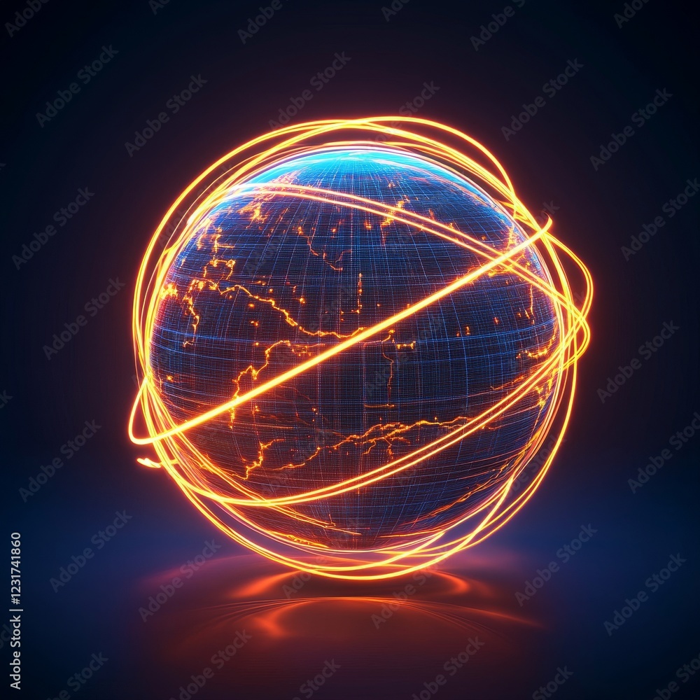 Poster anticipation planning progress concept. glowing globe with dynamic light trails on a dark background