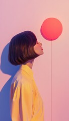 Woman with bob haircut gazes at a large, glowing pink balloon against a soft pink background.  A minimalist portrait.