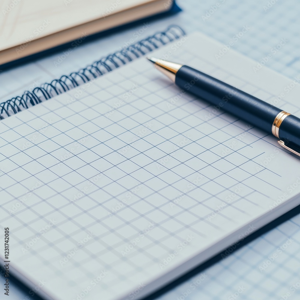 Poster strategy method optimization concept. blank notebook with grid pattern and a pen on a desk.