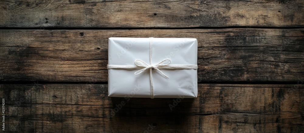Poster white gift box tied with string placed centrally on rustic wooden background surrounded by decorativ