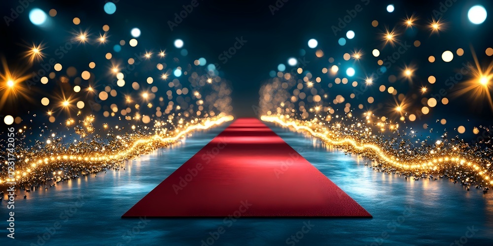 Poster a glamorous red carpet scene surrounded by sparkling lights, creating a festive and elegant atmosphe
