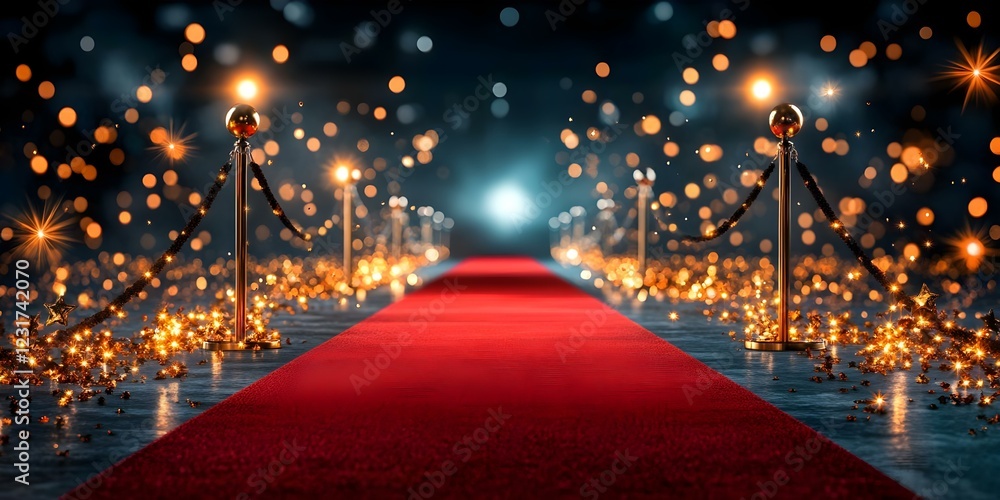 Aufkleber a glamorous red carpet pathway lined with stanchions and sparkling lights, creating an elegant event