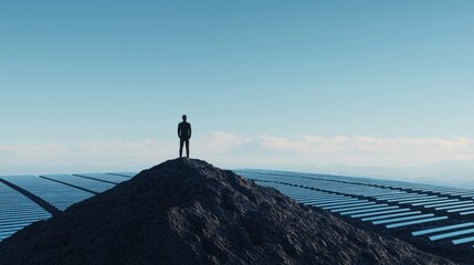 Obraz premium Person Standing on Hill Overlooking Solar Panel Field at Dawn