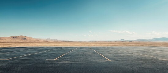 Vast asphalt car park under clear blue sky, foreground showcasing empty parking spaces with distant desert landscape and gentle hills in background.