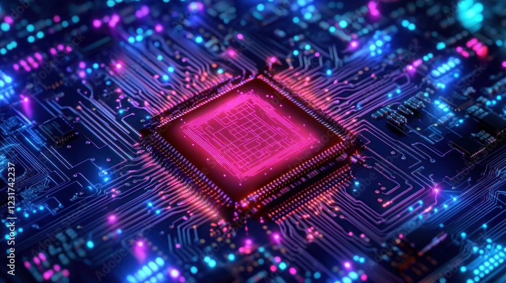 Poster illuminated central processing unit on circuit board.