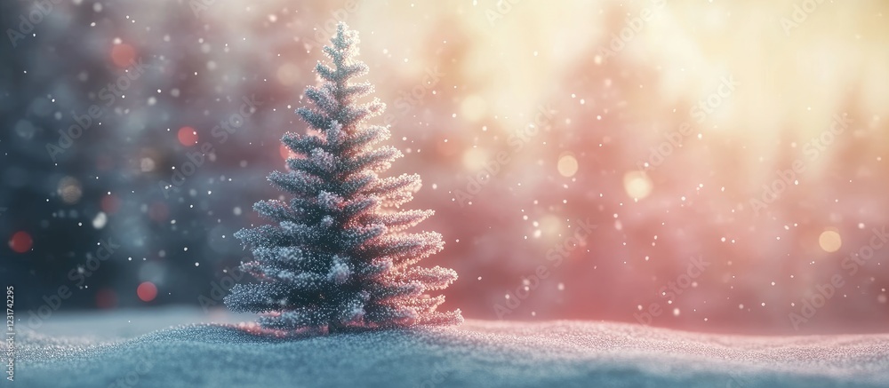 Poster frosted fir tree in snow creating a magical winter atmosphere with soft pastel bokeh background hues
