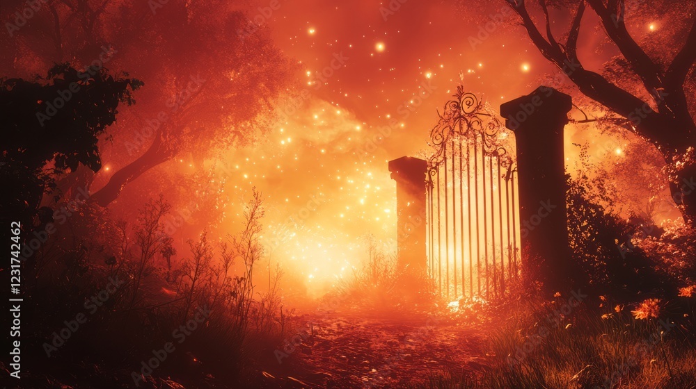 Poster a mystical forest scene with a glowing gate surrounded by magical lights, creating an enchanting atm