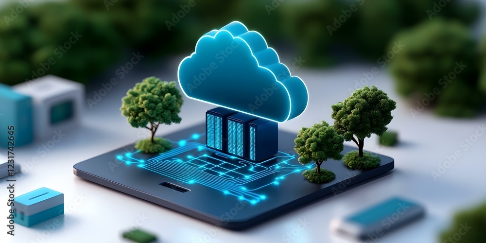 Poster a digital cloud storage concept with server stacks, greenery, and circuit-like patterns, symbolizing