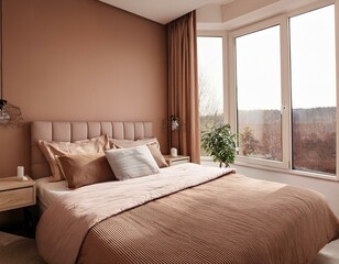 Close-up of doble bed in bedroom in Mocha mousse colors. 2025 trend. Generated image