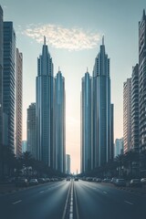Fototapeta premium A city street with tall buildings in the background. The sky is blue and the sun is setting