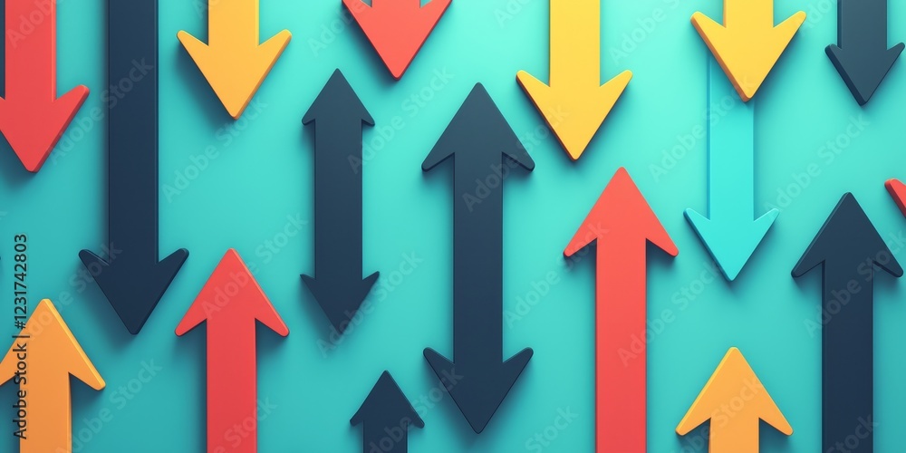 Poster strategy method optimization concept. colorful arrows pointing in various directions on a teal backg