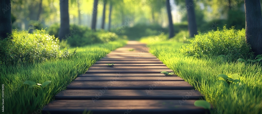 Poster wooden pathway leads through lush green grass under soft sunlight creating a tranquil setting in a s