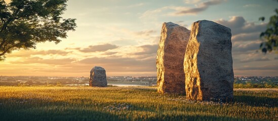 Stone advertisement stand in a park at sunset featuring large unique stone designs with golden sunlight illuminating the landscape and soft green grass.