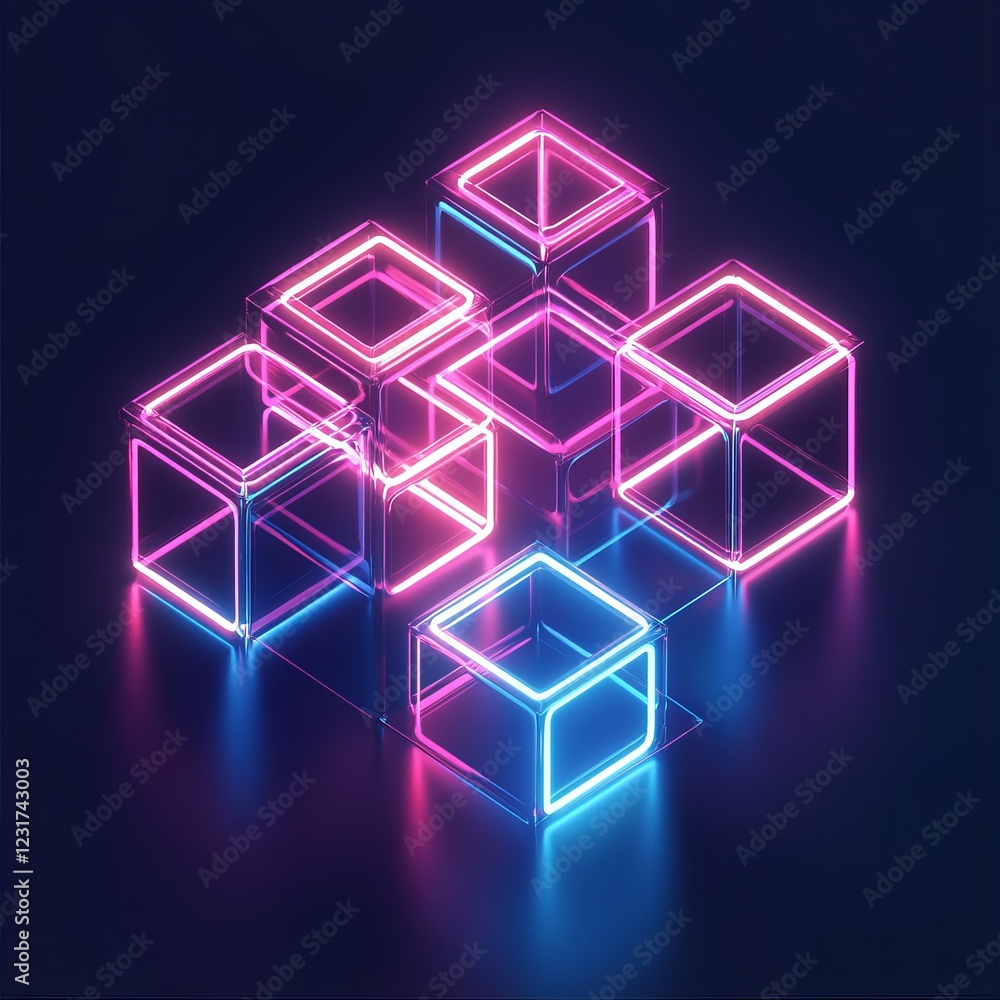 Poster futuristic neon cubes with glowing edges on dark background creating a modern and abstract digital a